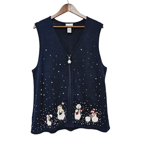 Breckenridge Snowman Sweater Vest Size 2X Zip Navy Christmas Winter Festive - Picture 1 of 9